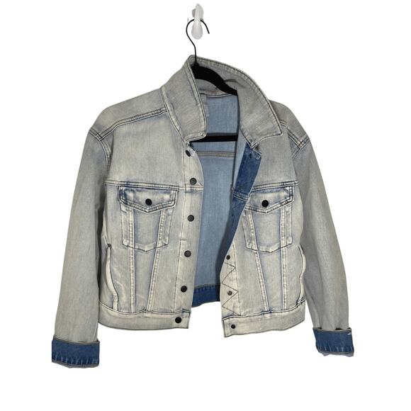 Athleta Women's Front Button Up Acid Wash Oversized Denim Trucker Jacket Small - Picture 1 of 5